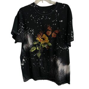 Love Tribe Black Bleach Splatter Grunge T-Shirt With Sunflower & Butterfly
